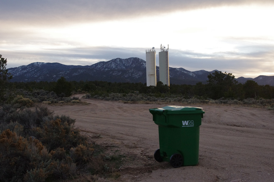 garbage can and water towers outside of Taos, NM