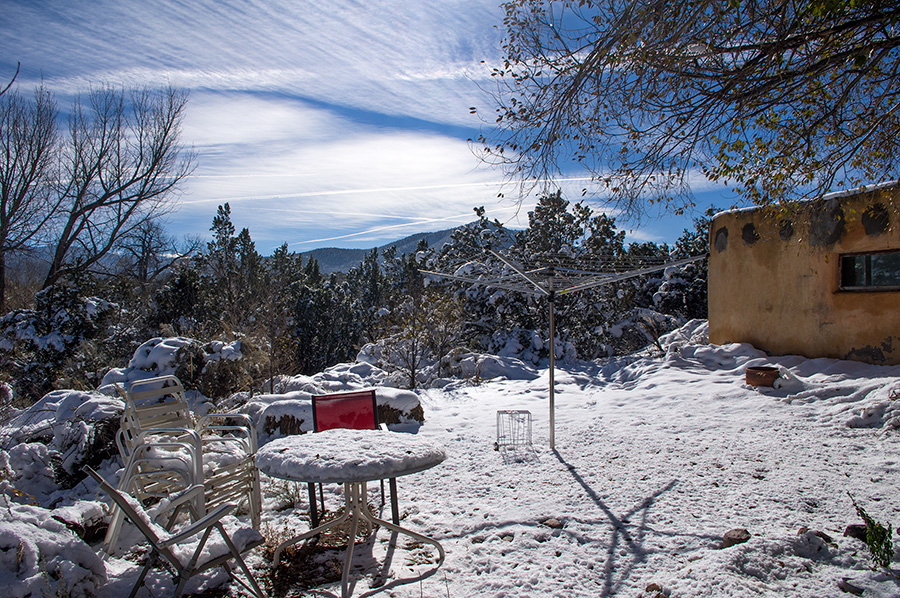 snowy backyard in Taos, New Mexico