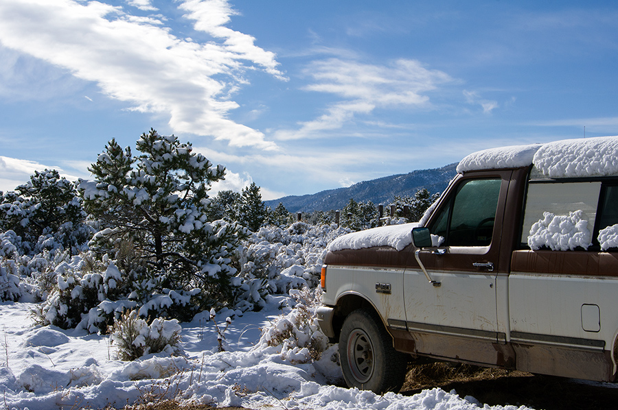 old Ford F-150 in the snow