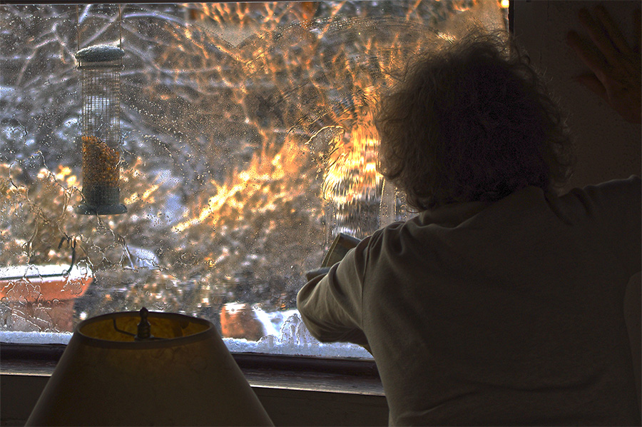 New Mexico woman cleaning window