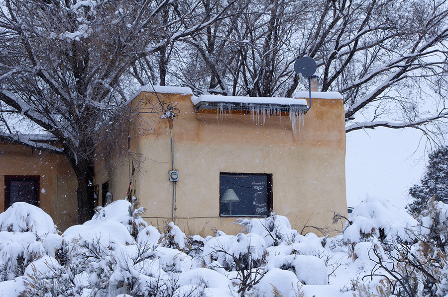 snowy adobe in Taos, New Mexico