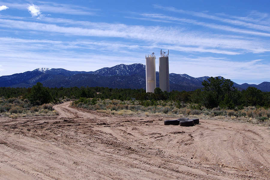 water towers and mountains south of Taos