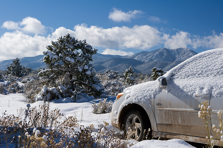 car and snow, New Mexico.