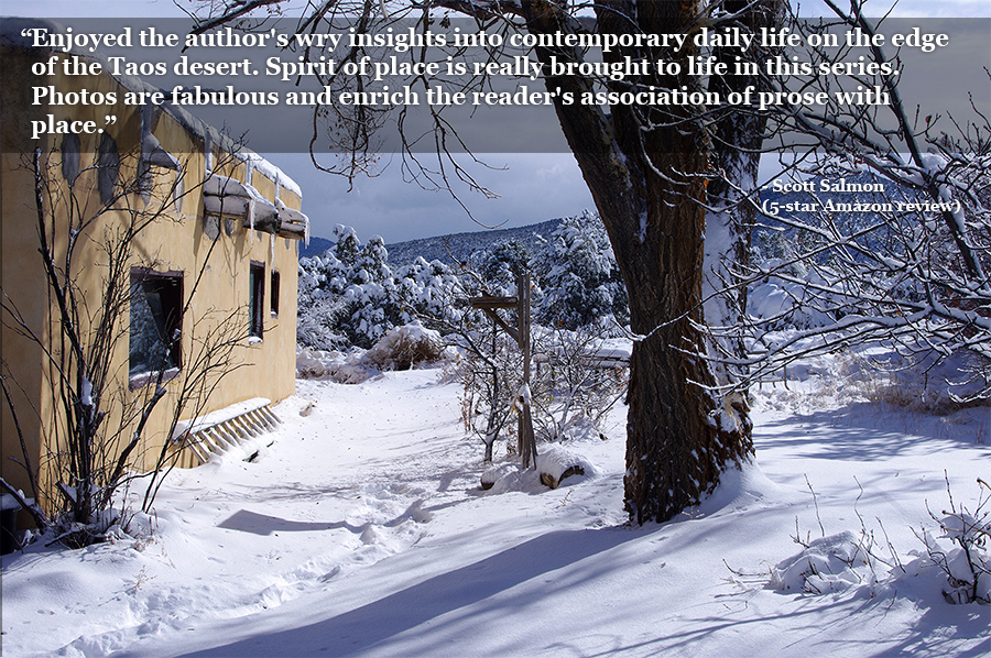 old adobe on a snowy hillside in Taos, NM